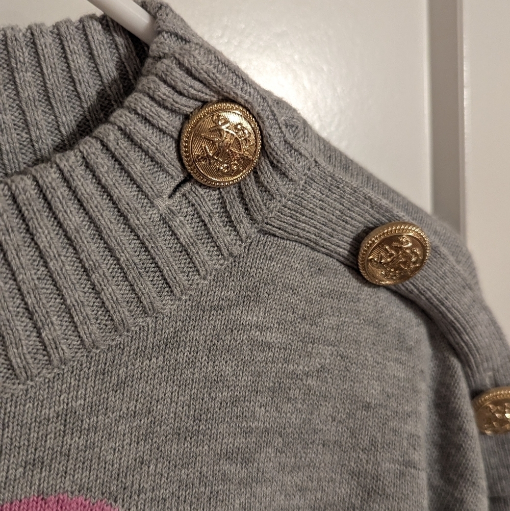 Talbots Je T'aime Heart Mockneck Grey Sweater with Gold Button Detail sz Mp - Picture 3 of 6